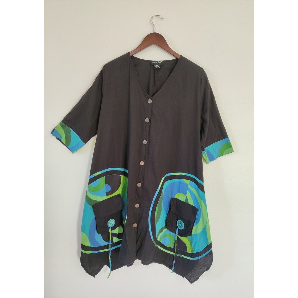 Step In Style Tunic Dress 3/4 Sleeve‎ Artsy Lagenlook Sz 1X Black Retro Pockets